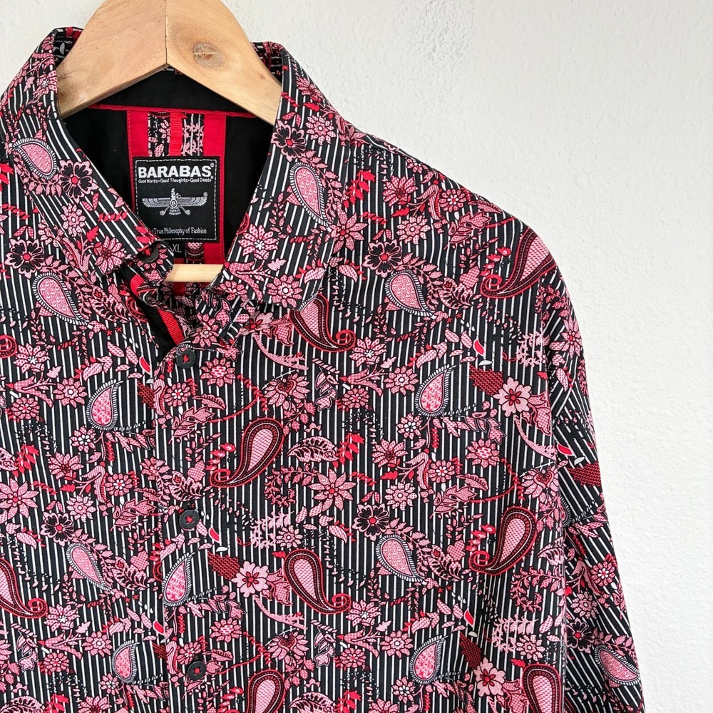 Barabas Button Down Shirt Mens XL Red Paisley Floral Striped Long Sleeve Cotton